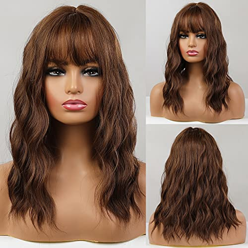 HAIRCUBE Lange braune gewellte Perücken für Frauen, synthetische Perücke aus natürlichem Haar mit Air Bangs-Perücken für den täglichen Gebrauch und Partygebrauch