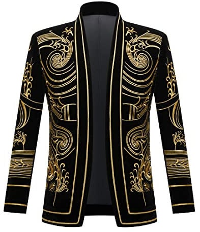 PYJTRL Herren Blazer/Anzugjacke mit goldfarbener Stickerei, Schwarz (S, goldene Blume)