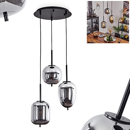 Hängeleuchte Verbania, 3-flammige Deckenlampe aus Metall/Glas in Schwarz/Chrom, moderne Pendelleuchte mit Glasschirmen, 3 x E14-Fassung, Höhe max. 128 cm, ohne Leuchtmittel