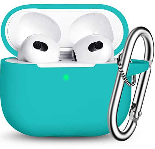 R-fun Kompatibel mit AirPods 3. Generation 2021 Ladecase-Abdeckung, Weiche Silikon-Schutzhülle Kompatibel mit Apple Airpod 3 Gen mit Schlüsselanhänger,Blaugrün