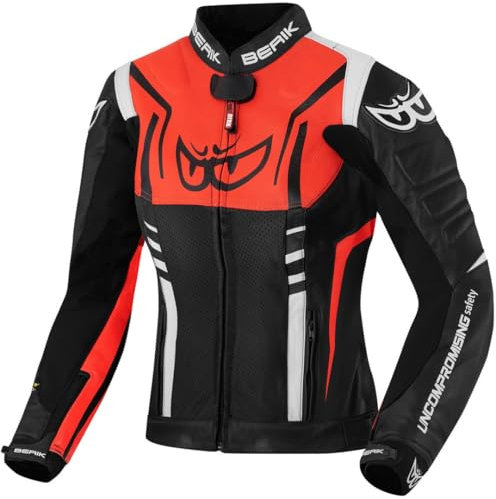 Berik Striper Damen Motorrad Lederjacke, schwarz/weiß/rot, 42