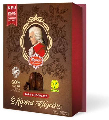 Reber Mozart-Kugeln Dark Chocolate, 6er Packung mit Marzipan und Nougat, vegan - 1 x 120 g