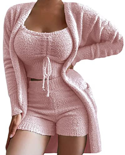 ORANDESIGNE Ensemble Pyjama Femme 3 Pièces Polaire Hiver Chaud Gilet Fausse Fourrure + Camisole Crop Top + Short Casual Outfit Couleur Unie Loungewear Suits Vêtements de Nuit A Rose L