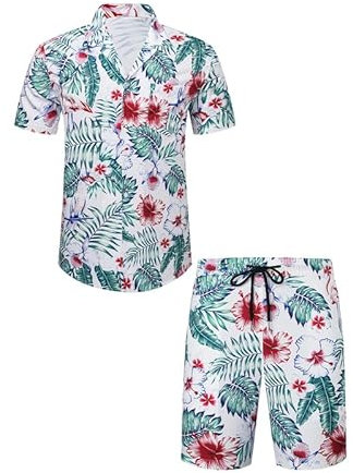 Meilicloth Hawaii Hemd Männer Set Flamingo Blumenmuster Floral Kurzarm Sommer Shorts Herren Kurze Hose Weiß - Flamingo M