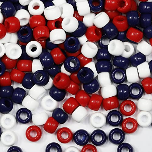 1000 PCS Pony Beads - Red/White/Navy Blue, 6x9mm for Hair Braids & Crafts