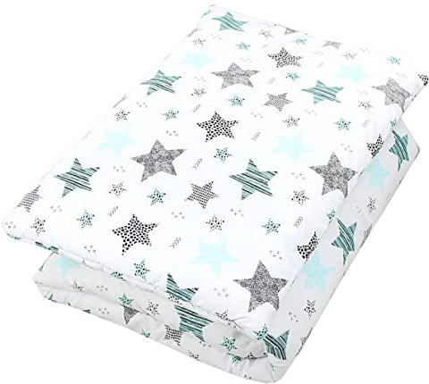 TupTam Kinder Gemusterte Bettdecken Set Ganzjahresdecke Bettdecke Kopfkissen Flachkissen 2tlg., Farbe: Sterne Mint/Schwarz, Größe: 135x100 cm