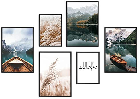 decomonkey | 6er Poster Set OHNE Bilderrahmen | Natur Landschaft | 2 x DIN A4 & 4 x DIN A3 | Wohnzimmer Schlafzimmer Wandposter Blider Collage Modern Wanddeko See Wald Sprüche Pflanzen Berge