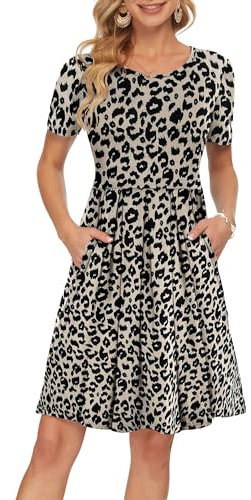 AUSELILY Vestido Informal de Manga Corta con Pliegues Sueltos y Manga para Mujer Leopard,XXL