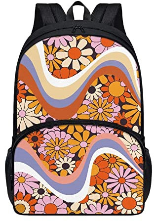 Coloranimal Jungen Schultasche Kinder Schulrucksack 17 Zoll Groß Durable Shoudler Rucksack Rucksack für Teenager Erwachsene, Abstrakte 70er Jahre Swirl Wavy, One size