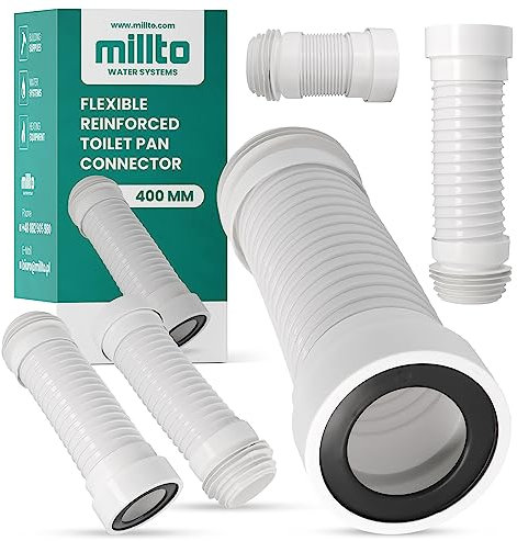 Millto™ Conector de inodoro de PVC, flexible, 110 x 400 mm, color blanco, conector de sartén reforzado, apto para todas las configuraciones