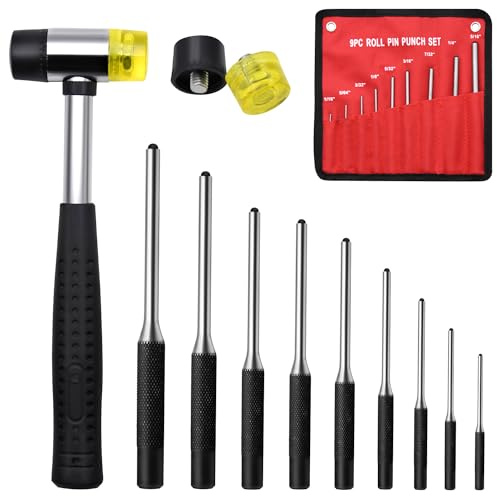 DkOvn Roll Pin Punch Set,13pcs Removing Repair Tools, Pin Punches and Hammer with Spare Rubber Heads, Great for Automotive, Watch Repair, Jewelry and Craft(13pcs Kit)