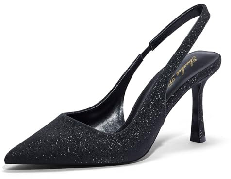 Zhabtuc Womens Court Shoes Slingback High Heels Fashion Sandals Pointed Toe Evening Party Classic Work Dress Party Wedding Graduation Occasion Closed Toe Pumps, Black Glitter, 3.5 UK