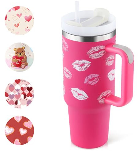 PRAOAHEI 40oz Thermobecher mit Strohhalm und Henkel, 1180 ML Edelstahl Heiße Kalte Getränke Vakuum Trinkbecher, Geschenk für Frauen Liebhaber Freunde, Rosa Lippendruck