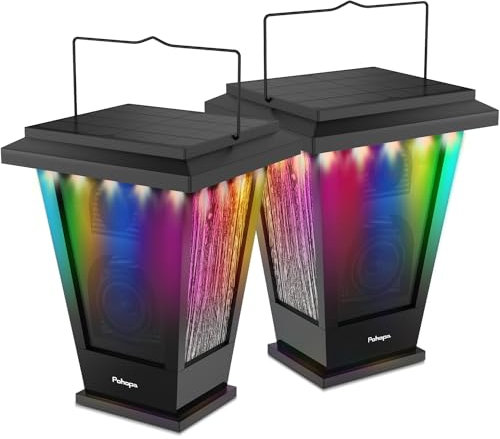 pohopa Bluetooth Speakers Waterproof, Solar Powered 2 Packs True Wireless Stereo Sound 20W Auto Dual Pairing Indoor Outdoor Speakers with 20 Piece Sound Responsive Colored LED Lights, Richer Bass