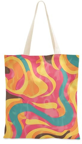 Yuiboo Tragetasche aus Segeltuch, Retro-Stil, bunte Wellen, 70er-Jahre, groovige Tragetasche mit Taschen, Strandtasche, Geschenk, günstige Tragetasche, Retro-Stil, bunte Wellen, 70er-Jahre-Stil,