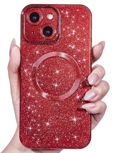 Svanove Glitter Case for iPhone 14 Plus Phone Case Magnetic Compatible with Magsafe, Sparkle Bling Shiny Cute Girly Design, Aesthetic Slim Soft TPU Mag Cover for Women Girl, Burgundy Wine