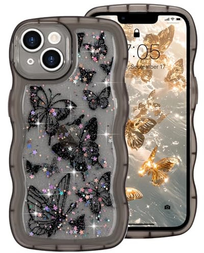 ROSEHUI for iPhone 14 Case,Cute Butterfly Curly Wave Phone Case with Sparkly Glitter Bling Star,Clear Anti-Yellowing Camera Protection Soft TPU Shockproof Protective Cover for Girls-Black