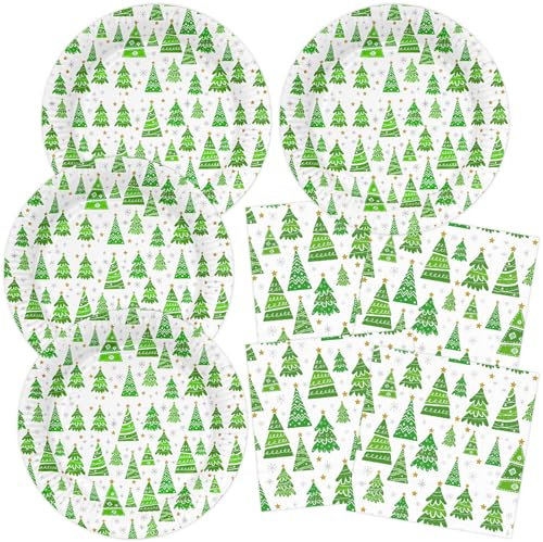 HNH Assiettes de Noël, Forêt verte Lot de 40 Serviettes en papier de table Vaisselle de fête jetables pour Noël