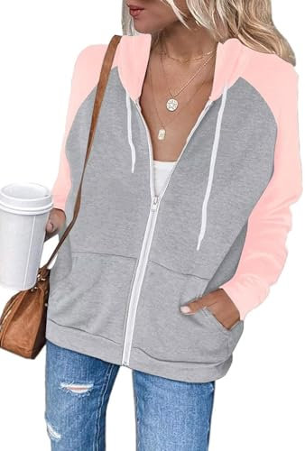 LACOZY Women's Long Sleeve Zip-Up Jacket Lightweight Hooded Sweatshirt Color Block Hoodie Tops Coat Pink M