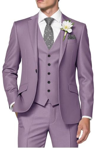HUUTOE Trajes de 3 piezas para hombre, ajuste delgado, trajes de graduación para hombre, vestido de boda, traje de verano, chaqueta, chaleco, pantalones, esmoquin, Lila, XX-Large