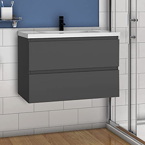 Acezanble 800mm Bathroom Vanity Unit With Wash Basin Ceramic Sink, 2 Drawers, High Gloss Grey, Wall Hung Cabinets, Cloakroom Storage Furniture Under Basin Cabinet