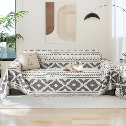 LiveGo Chenille AB-Seitenschonbezug für Ecksofa, Sofabezug, 3-Sitzer-Couchbezug für Hunde, Sofa-Überwurf, Zweisitzerbezug, Futon-Bezug, L-förmiger Sofabezug mit Quaste, Hellgrau, 180 x 380 cm
