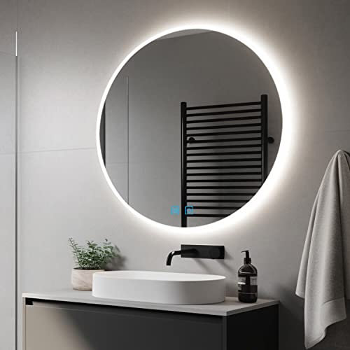Finmrys Round Bathroom Mirror with LED Lights 900 mm Dimmable 3 Colour Light Illuminated Bathroom Mirror with Demister Memory Function 35.43 inch