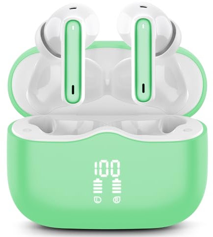Cuffie Bluetooth, Auricolari Bluetooth 5.4 Wireless con di Stereo HiFi Immersivo, 40Ore Cuffie Wireless con 4 Mic ENC Cancellazione di Rumore, Cuffie In Ear IP7 Impermeabili Display LED, Verde Vivido