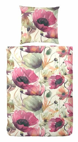 Primera Edelflanell Bettwäsche 135x200 Blumen Mohn grün rosa Natur 174148-52