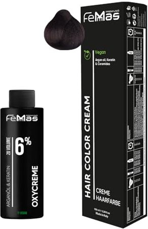 Femmas Haarfarbe Set Mittelbraun Kupfer 4.4 I Hair Color Cream 100ml + Oxycreme 100ml 6% I Permanente Haar-Coloration + Entwickler I Schonend & langanhaltend I Salon-Haarfarbe für Zuhause