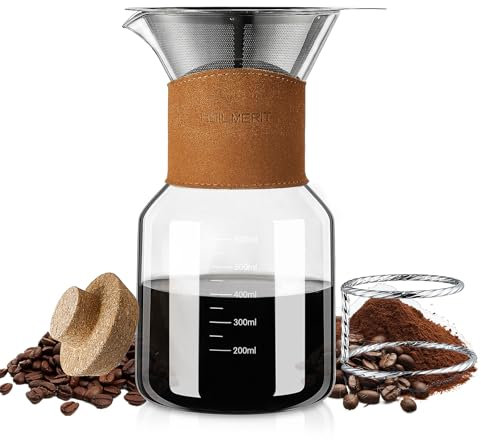 Pour Over Kaffeebereiter mit Filter aus Edelstahl, 600 ml Kaffeetropfer, Glaskaraffe mit Vintage-Lederkragen, Korkdeckel & Filterhalter
