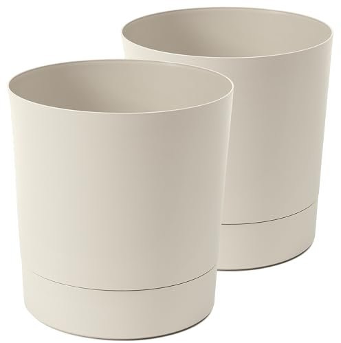 Tymar Macetero con plato, paquete de 2 unidades, maceta decorativa de plástico, forma redonda, moderna, para interiores (30 cm de diámetro, paquete de 2 unidades), color beige