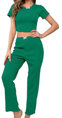 Damen Hose Uk Elegant - Damen Pyjama Kurzarm - Pyjama Größe 16 Kurzarm Plus Size Pjs Breites Bein Loungewear Pyjama Set Sommer Nachtwäsche Pyjamas Set, Grün, L, grün, L