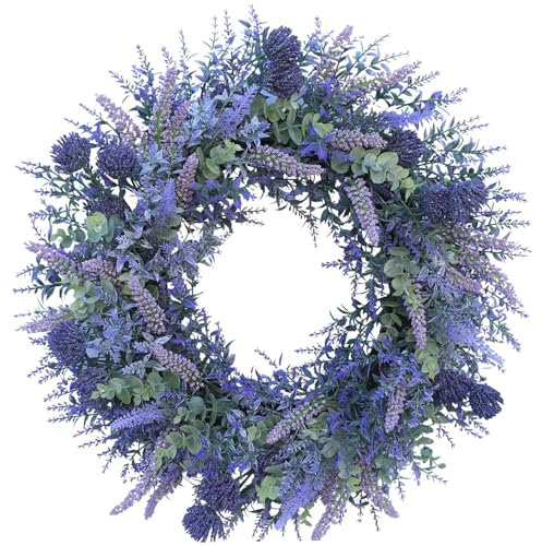 Lavender Wreath 18 Inch Exquisite Rustic Farmhouse Purple Lavender Spring Front Door Wreath for Wedding Home Decor.