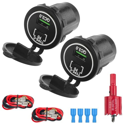 BlueXP 2 Enchufes USB 12V para Carga de Coche Conector PD USB-C y QC 3.0 para Coche Resistente al Agua Cable 60 cm y Kit de Panel con Sierra Corona de 30 mm para Autocaravanas etc