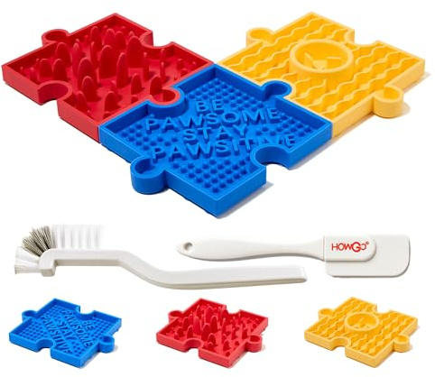 HowGo Puzzle-Leckmatte für Hunde und Katzen, 38+ Saugnäpfe | Rutschfestes, Robustes Labyrinth-Futterspielzeug aus BPA-freiem Silikon | Reduziert Langeweile und Angst (3 Stück, Blau & Gelb & Rot)