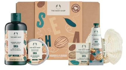 The Body Shop Shea Gift Set - Body Care Set for Dry Skin - Shower Cream, Body Butter, Hand Balm, Soap & Ramie Flower - Vegan Natural Cosmetics