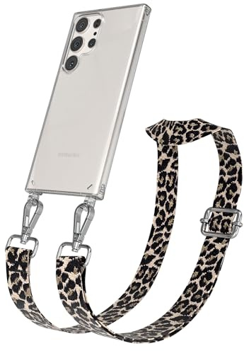 EAZY CASE Handykette - Verstellbares Taschenband kompatibel mit Galaxy S23 Ultra, Schulterriemen, Handykordel mit Silikon Hülle, Umhängetasche, Leo - Schwarz Beige Silber