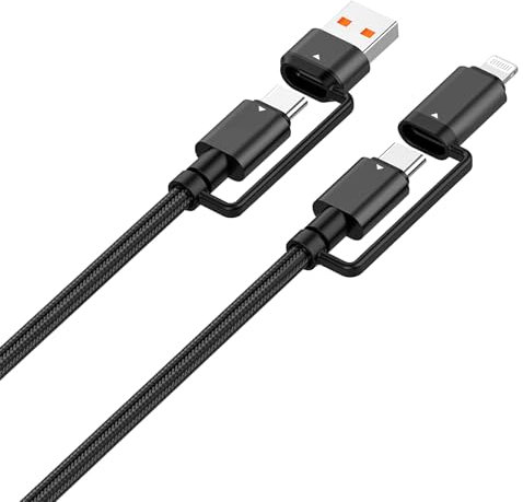 XXHUO 4 In 1 Charger Cable Fast Charging, Usb C Charging Cord Universal Compatible With Iphone 16/15/14 Carplay 30W Multi Charger Cable Car Multiple Devices 65W Adapter 1.2 M Black