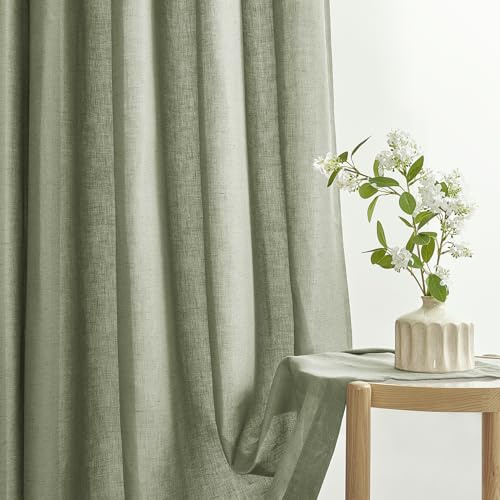 Topfinel Leinen Vorhang Grün Salbeigrün mit Ösen Leinen Baumwolle Boho Gardinen Ösen H 225 x B 140 cm, Halbtransparent Vorhang Leinenoptik Vorhänge für Wohnzimmer Schlafzimmer Ösenvorhang 2er Set