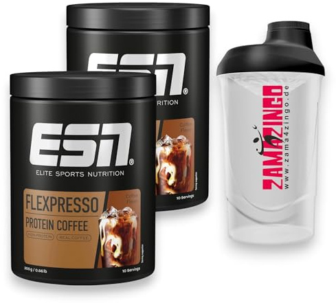 ESN Flexpresso Whey Protein Kaffee mit Caramel Flavour 300g (2er Pack) + Gratis Zama4zingo Shaker 600ml | Whey, Fitness, training, gym, kaffee