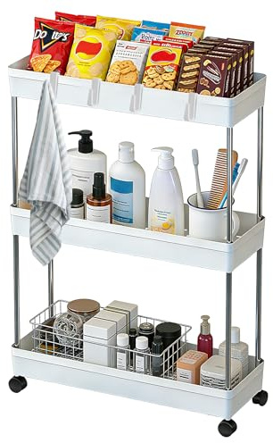 BUCOMTU Rollwagen mit 3 Ebenen, Schmaler Trolley Küchenwagen mit Rollen & 6 Haken, Schmales Regal 13 cm für Küche, Bad, Büro, Werkstatt, Wohnzimmer, Kosmetik, Servierwagen mit Rollen, Weiß