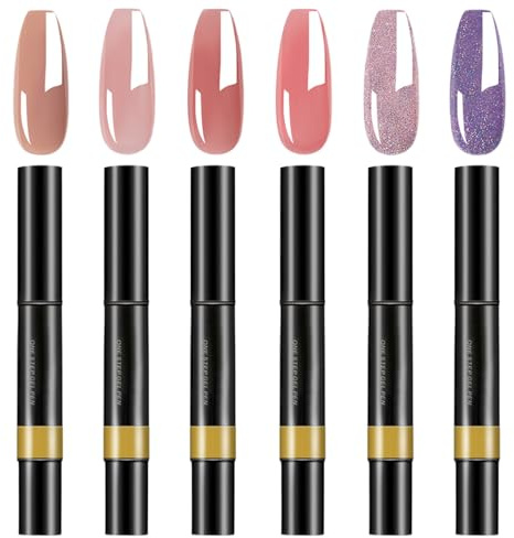6 Pcs Nail Polish Pens UK 3 In 1 Gel Nail Varnish Pens for Real Nails One Step Quick Dry Nails Art Polish Pen for Home DIY and Professional Use No Base Coat Needed (Nude Color, Fine Glitter)