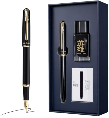 HERO Gloss Black Fountain Pen, Fine Nib, Smooth Writing Pen Set with 5 Ink Cartridges & 18ml Ink Bottle, Luxury Gift Box, Perfect for Journaling, Calligraphy & Daily Writing