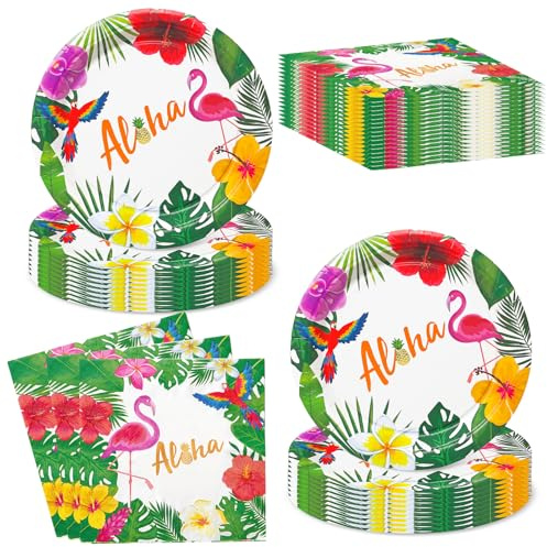AIBAOBAO Geburtstag Partygeschirr Set Aloha für 20 Gäste, Hawaii Party Deko mit Flamingo Pappteller und Servietten, Tropisches Einweggeschirr für Kindergeburtstag Sommerparty Luau Poolparty
