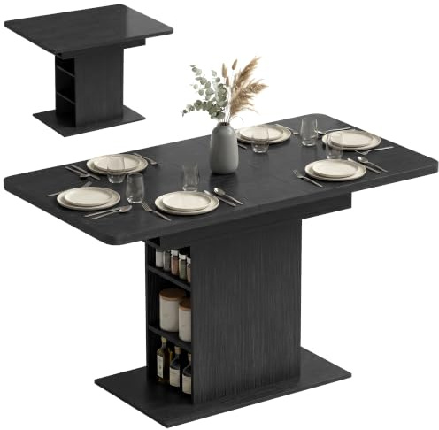 HOMCOM Extendable Dining Table for 4-6 People 110-130cm Kitchen Table Black | Kitchen Table, 6 Open Shelves, Storage Compartment, for Home, Living Room, Small Spaces