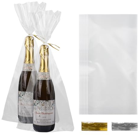 Klmnop Clear Wine Bottle Gift Bags, 150Pcs 9x20 inches Cellophane Bags with 200Pcs Gold Silver Twist Ties for Wine Bottles for Wrapping Gift Party Favor(Clear)