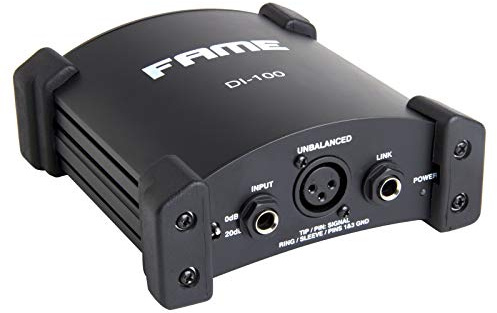 Fame Audio DI-100 Aktive DI-Box, Hochwertige Signalverarbeitung, 6,3 mm Klinken, XLR Input, Link Output, Eingangspegeldämpfung, Symmetrischer XLR Output, Ground-/Liftschaltung, Batterie- oder