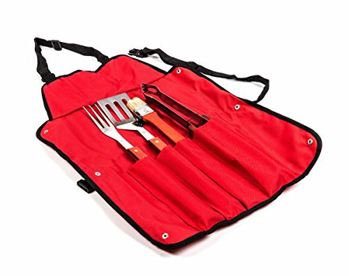 Bbq Collection Grillbesteck 4-teilig mit Grillschürze, Edelstahl, Holzgriffe lackiert mit Lederschlaufe, ca. 33-35 cm