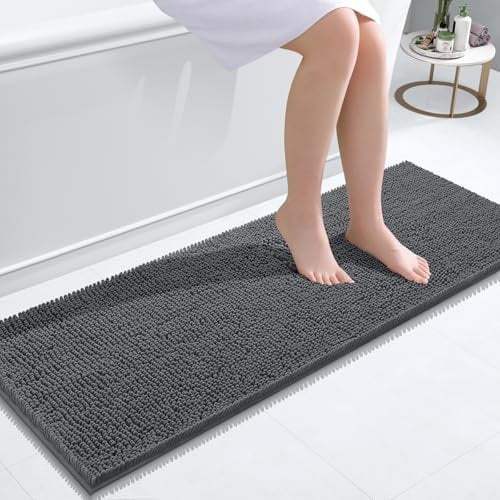 smiry Chenille Bath Mat, 40 x 120 cm, Non-Slip Super Absorbent Bathroom Mat Extra Soft Fluffy Bath Mats for Bathroom Thick Machine Washable Floor Mats Rugs Runner, Dark Grey